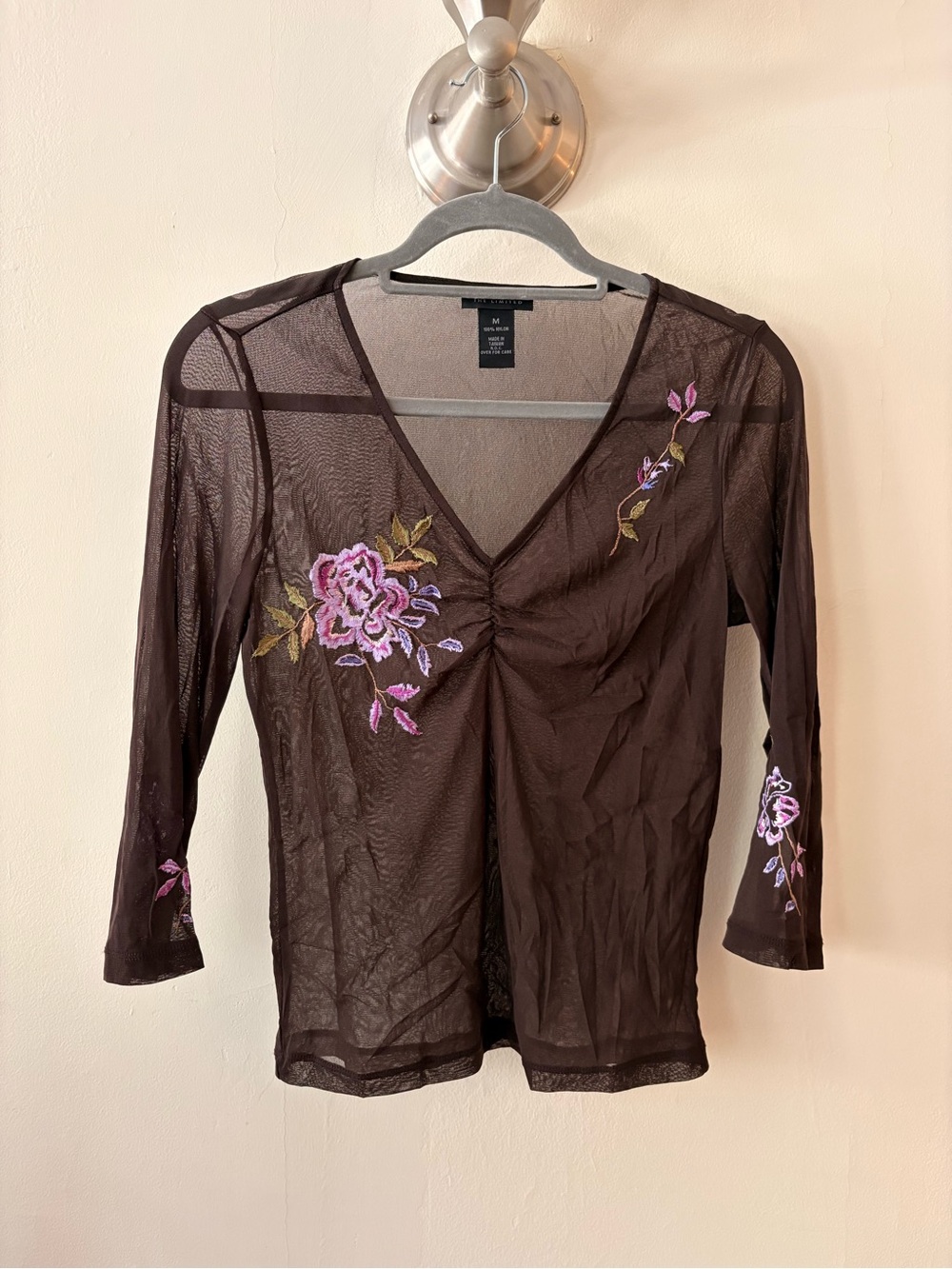 The Limited Vintage Brown Sheer V-Neck Tunic with Pink Floral Embroidery